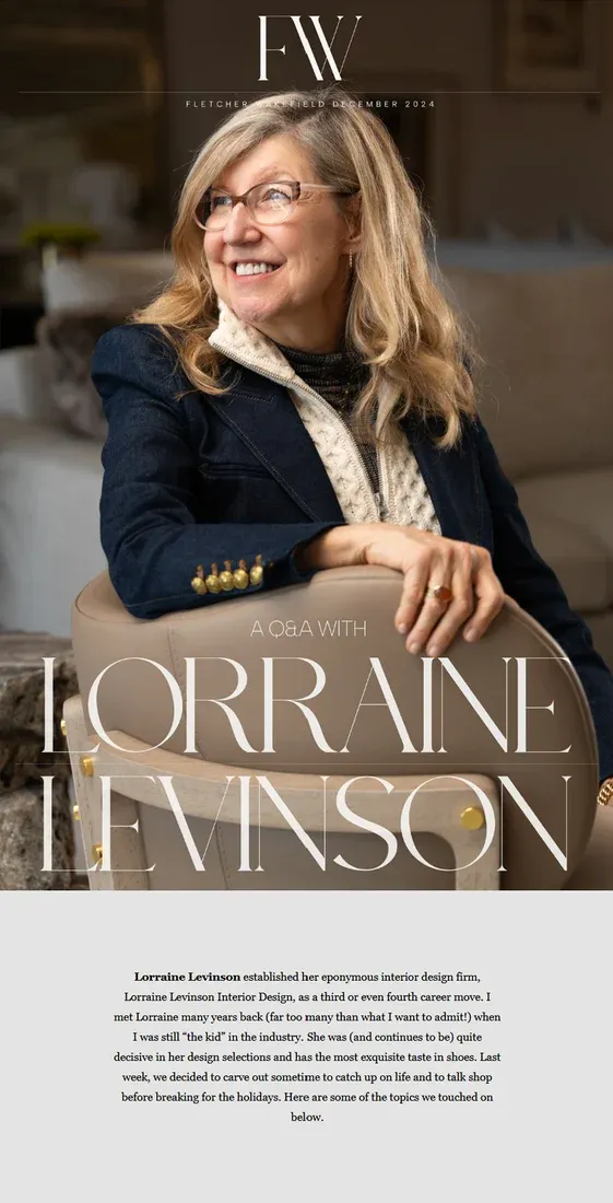 Newsletter cover, December 2024: interior designer Lorraine Levinson, smiling in a navy blazer, under 'A Q&A with Lorraine Levinson'.