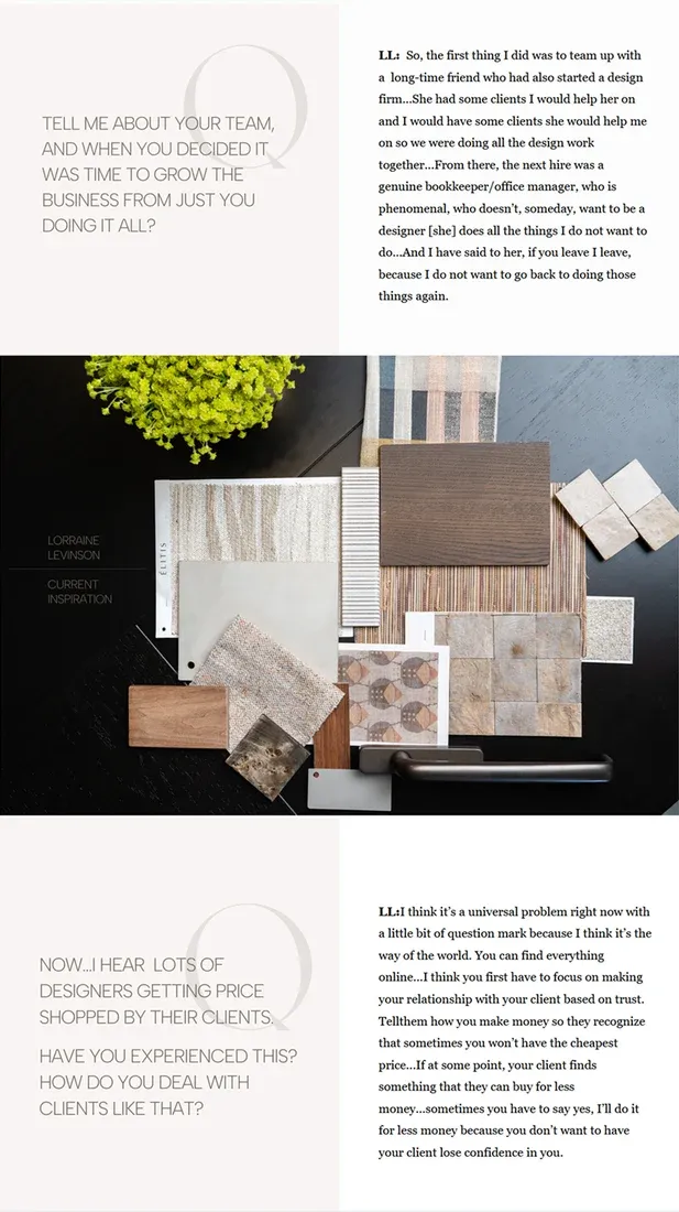 The Lorraine Levinson Q&A continues around a flat lay of wood, tile and fabric samples beside a bright green plant.
