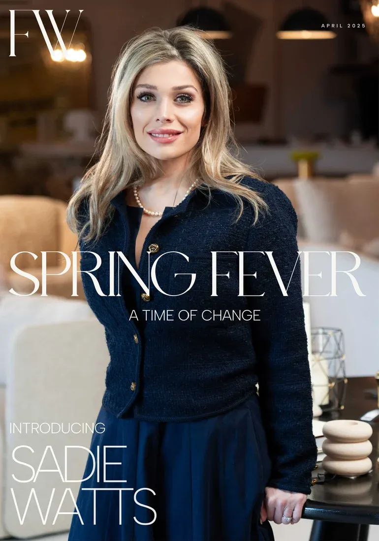 Newsletter cover, April 2025: Sadie Watts in a navy tweed jacket in the showroom, under 'Spring Fever, a time of change' and 'Introducing Sadie Watts'.