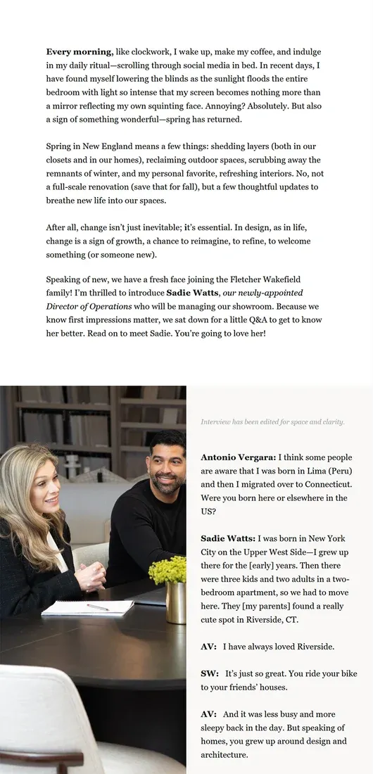 The Spring Fever issue continues: a letter above a photograph of Sadie Watts and Antonio Vergara talking at a table, beside their Q&A.
