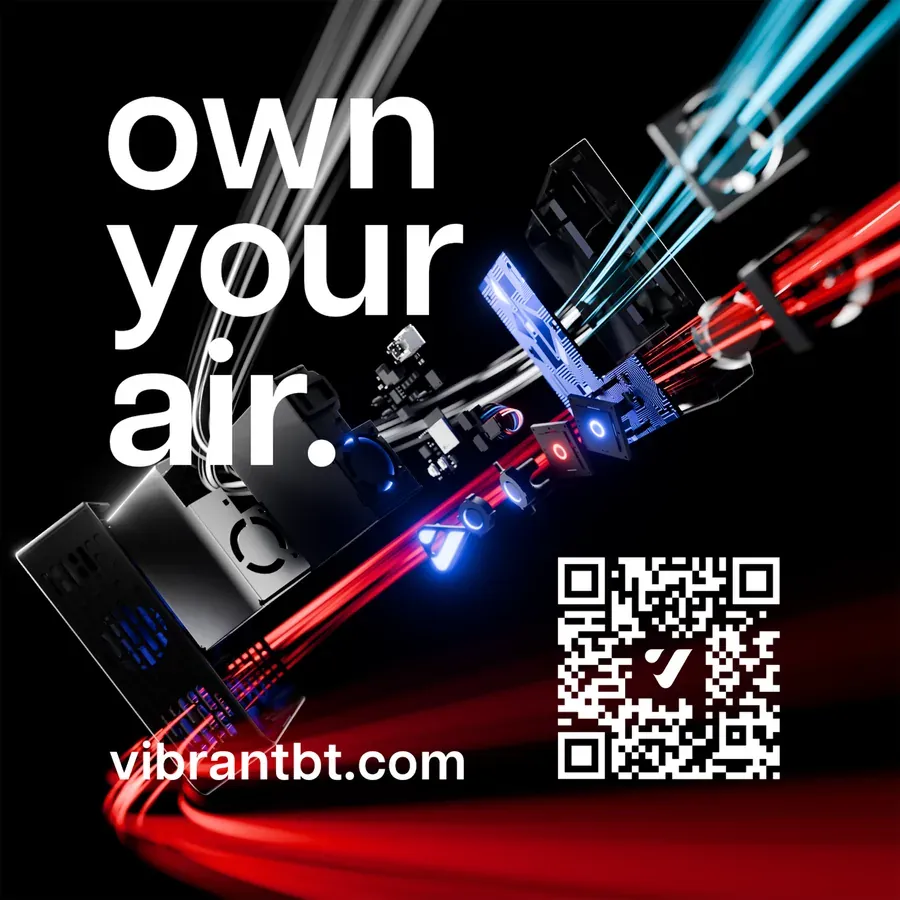 Back of the business card, reading 'own your air.' over an exploded render of a device's components trailing red and blue light, with a QR code and vibrantbt.com.