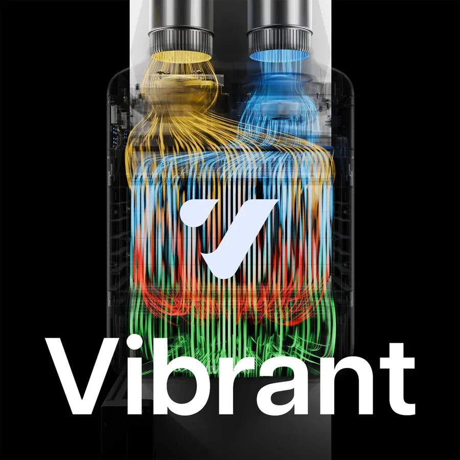 Front of the business card: an x-ray render of the Vibrant Air unit with yellow, blue, red and green airflow lines running through it, the Vibrant mark at the center and 'Vibrant' set large across the bottom.