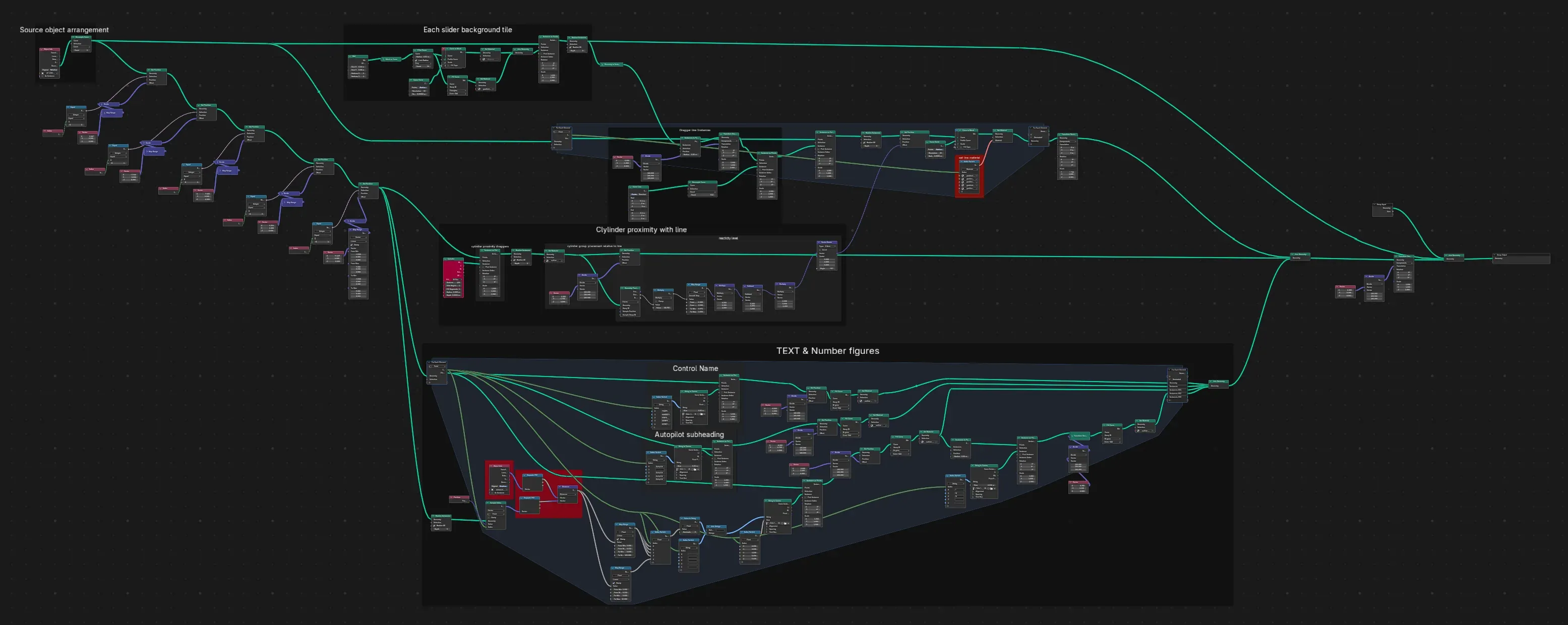 The Blender Geometry Nodes tree for the control sliders animation: dozens of nodes wired together in labeled frames, including source object arrangement, each slider background tile, cylinder proximity with line, and text and number figures.