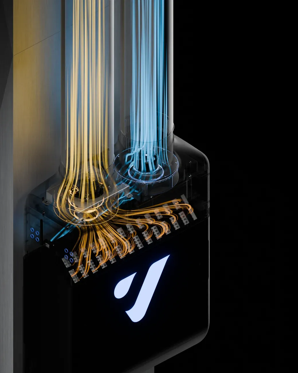 3D x-ray render of the earlier EP7 unit: a black housing seen through, with amber and blue airflow lines running down its two ducts and fanning through the core, and the Vibrant mark glowing on its face.