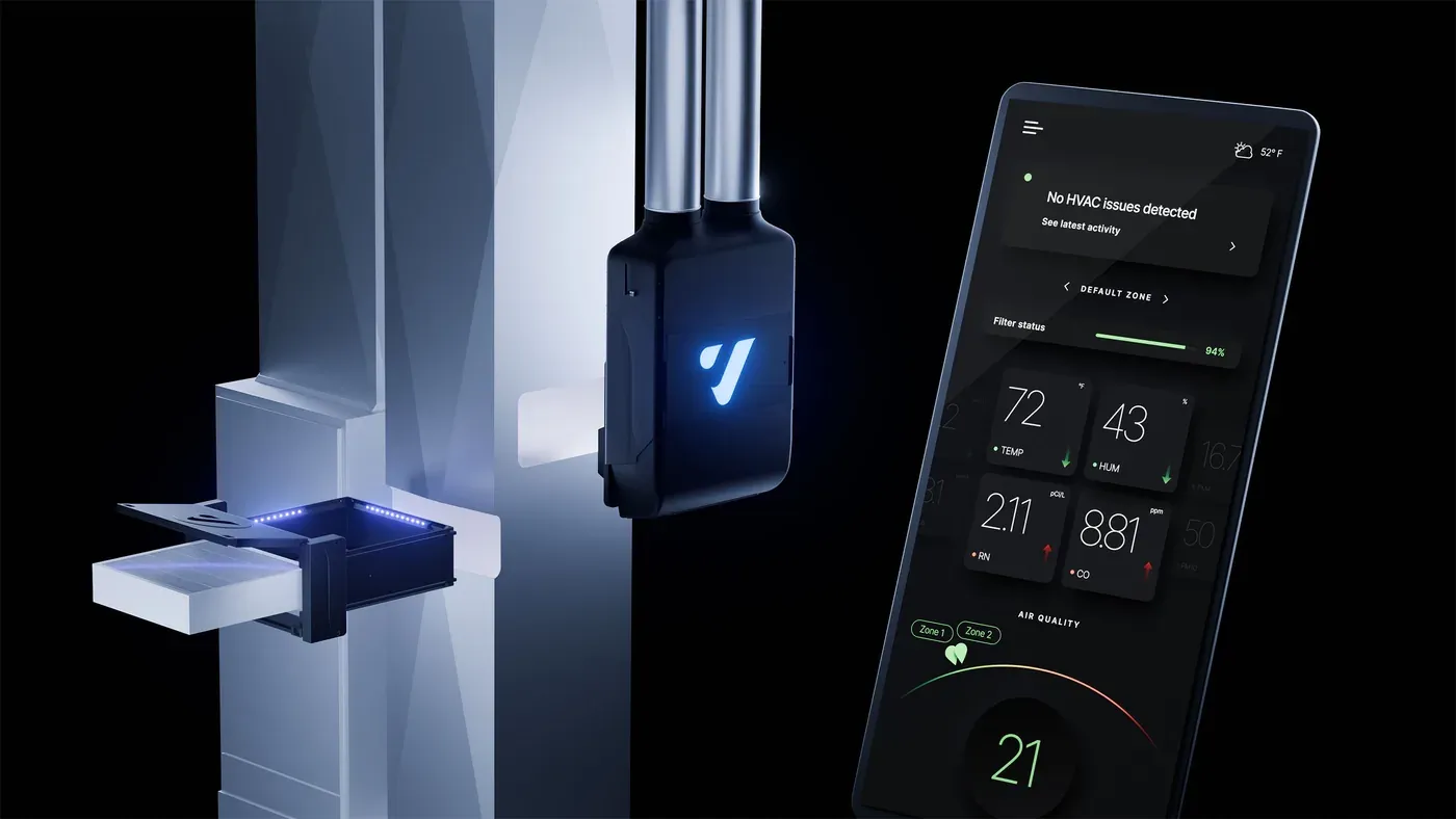 3D render of the Vibrant Air ERV in black with its logo glowing blue, beside a filter drawer sliding out of a duct lit with blue LEDs, and a phone showing the Vibrant app: no HVAC issues detected, filter at 94%, and readings for temperature, humidity, radon and CO.