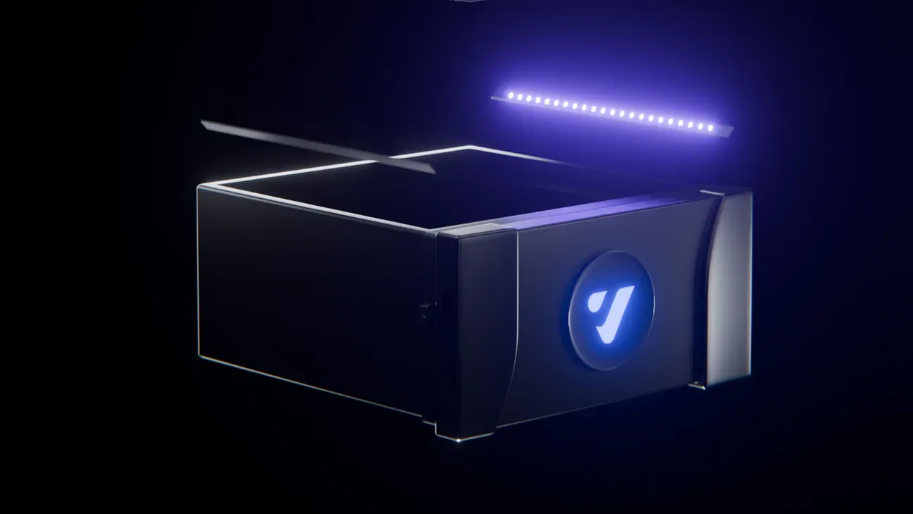 3D exploded-view render of Vibrant's air-purification unit, showing its floating UVC LED strip, carbon and mesh filtration layers, and branded housing lit in purple