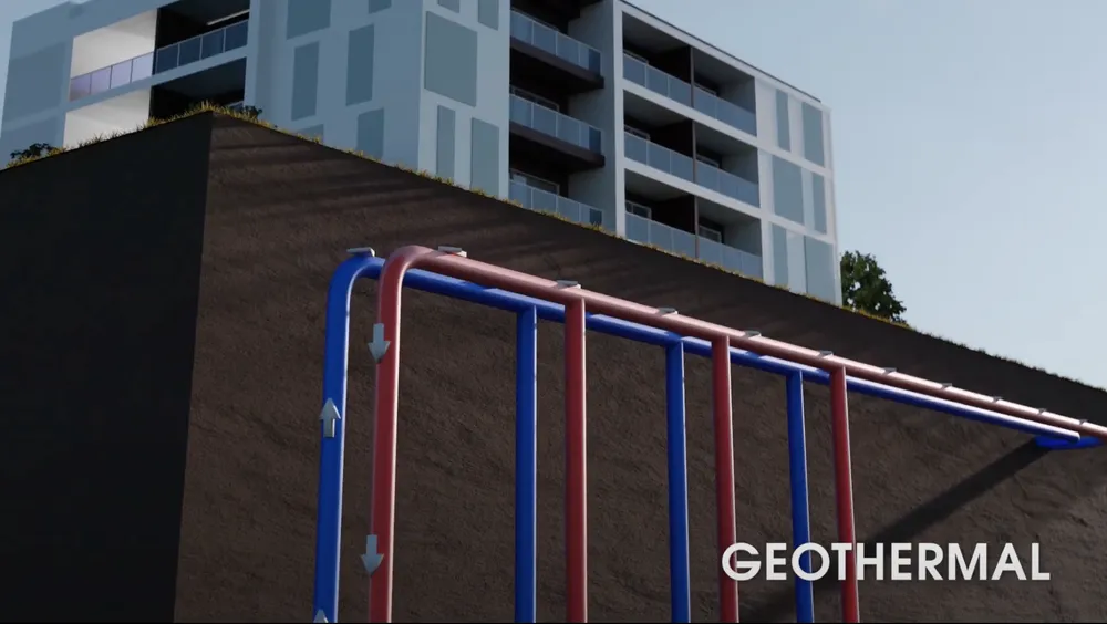 Still from the geothermal explainer — animated diagram of underground heat exchange.