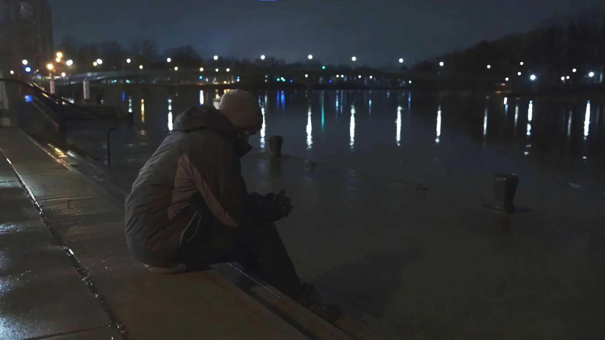 Film still from No More, No Less — night exterior shot demonstrating Sony low-light performance.
