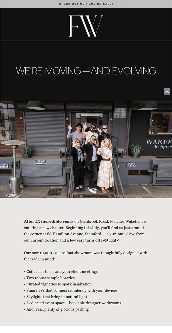 A newsletter headed 'We're moving, and evolving': the Fletcher Wakefield team gathered at the entrance of the new showroom, above copy about the move to Stamford.