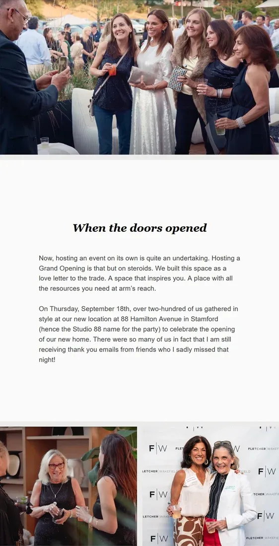 The grand opening issue continues: a crowd of guests outside at dusk, copy under 'When the doors opened', and guests posing in front of the step-and-repeat.