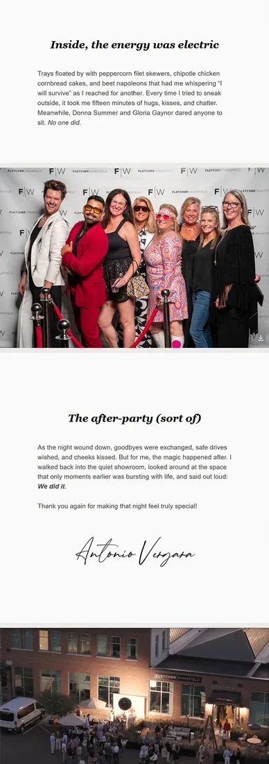 The issue closes with a group photograph at the step-and-repeat and a note on the after-party, signed by Antonio Vergara.