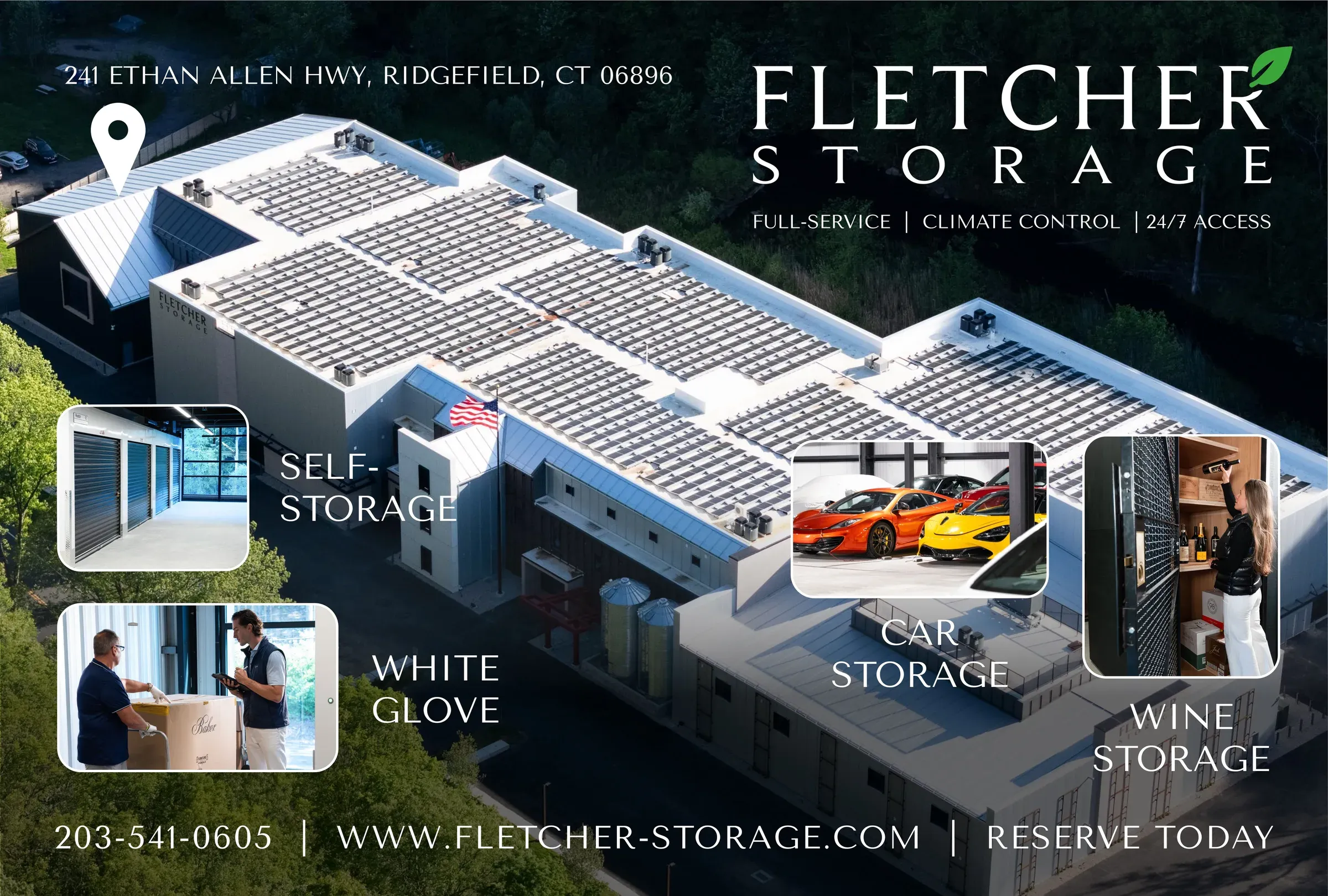 Fletcher Storage ad: an aerial of the long facility, its roofs covered in solar panels, among trees, with the Fletcher Storage wordmark, the Ridgefield address, and four inset photos labeled self-storage, white glove, car storage and wine storage.