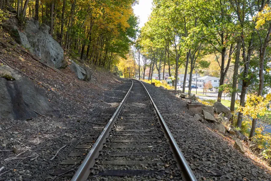 A single railway track curving away between autumn trees, a rocky slope on its left and a road and houses below it on the right.
