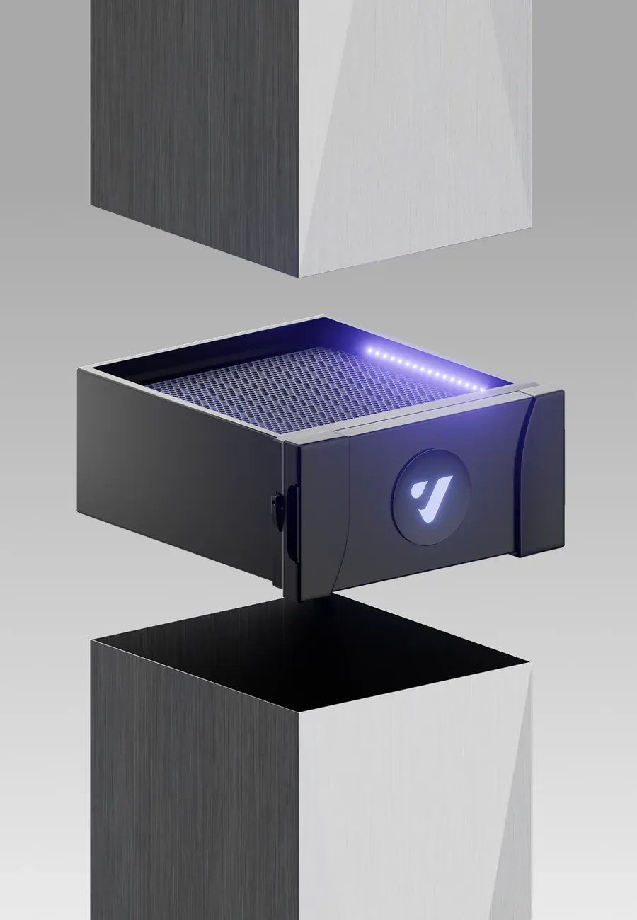 3D render of a Vibrant filter cartridge floating in the gap between two cut metal columns, its mesh lit by a violet LED strip and the Vibrant mark glowing on its face.